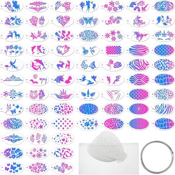 Fulmoon 72 Pieces Face Paint Stencils Reusable Body Painting Stencils Makeup Temporary Tattoos Stencils with Storage Bag and Binder Ring for Kids Adults Halloween Party Art Painting, 72 Styles