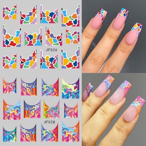 Colorful Stripes Nail Art Stickers Water Transfer Nail Decals for Nails Art Geometric Rainbow Wave Abstract Design Watermark Acrylic Nail Stickers for Women Manicure Nail Decoration 12 Sheets