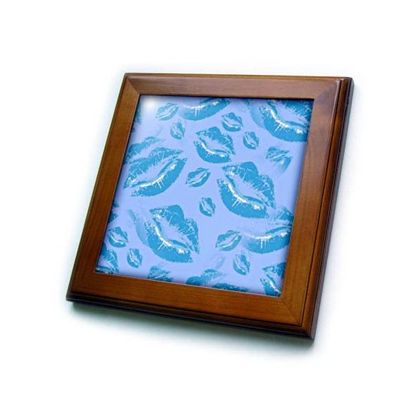 3dRose Two Kisses Collided Lip Boyish Blue Lips Pattern - Framed Tiles (ft_357232_1)