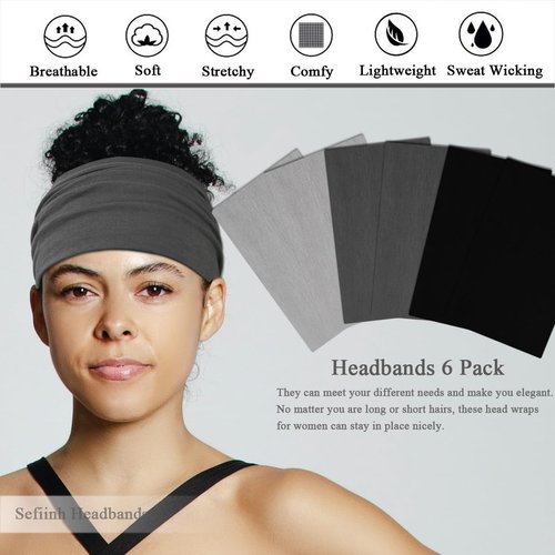 Sefiinh Wide Headbands For Women Stretch Headband Boho Head Bands Women's Hair Band Turban Workout Hairband Girls Accessories Black Gray 6 Pack