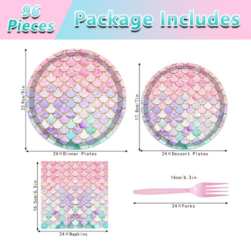 96PCS Mermaid Plates and Napkins Tableware Set Mermaid Party Supplies Mermaid Birthday Party Decorations Ocean Mermaid Theme Birthday Baby Shower Supplies Mermaid Paper Plates Napkins Forks Serve 24