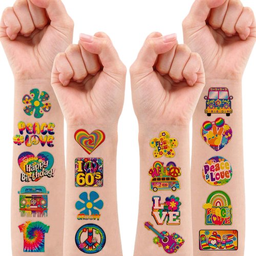 8 Sheets (96PCS) 60s Temporary Tattoos Theme Tie Dye Hippie Birthday Party Decorations Favors Supplies Stickers For Adults Kids Gifts Classroom School Prizes Rewards