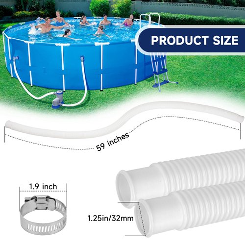 Pool Hoses for Above Ground Pools, 3 Pack 1.25 x 59 Inch Pool Filter Pump Hoses, Compatible with Intex Pool Filter Pump 607, 637 With 6 Metal Clamps (3)