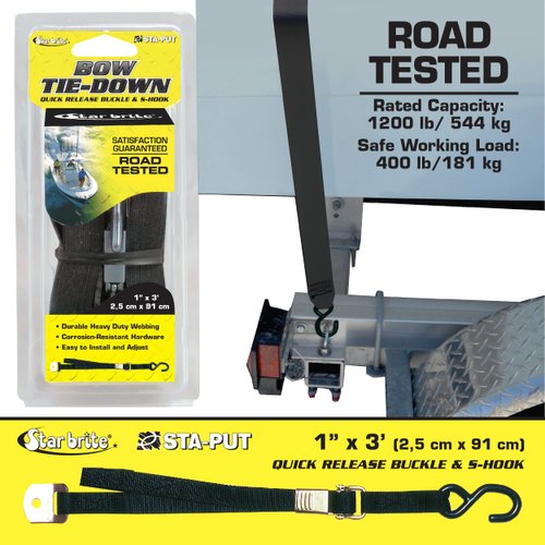 STAR BRITE Tie Down Bow 1" x 36" w/Quick Release Buckle and Coated "S" Hook and 1 bracket (060147), Black