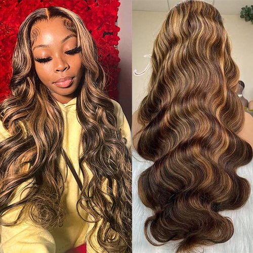 Honey Blonde Lace Front Wig Human Hair 13x6 HD Transparent 4/27 Highlight Ombre Body Wave Lace Front Wigs Human Hair Pre Plucked With Baby Hair 180 Density Glueless Human Hair Wigs For Women (26 Inch)