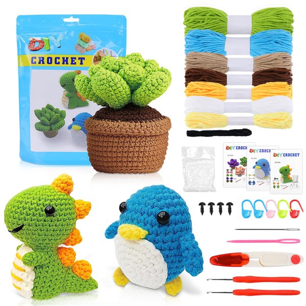 Zoyomax Crocheting Kit for Beginners, Learn to Crochet Kits - Dinosaurs, Penguin,Succulents Crochet Animals Kits Step-by-Step Video Tutorials,Knitting Kit for Adult Kids, Crochet Starter Kit