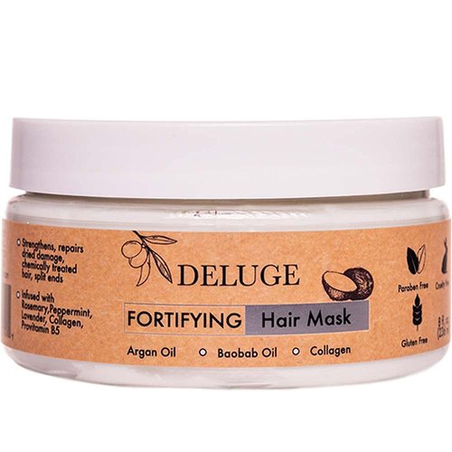 DELUGE - Fortifying Hair Mask with Baobab Oil, Coconut Oil and Olive Oil, Restores, Repairs and Nourishes Dry Damaged Hair- Collagen + ProVitamin B5 -Net Wt. 8 oz
