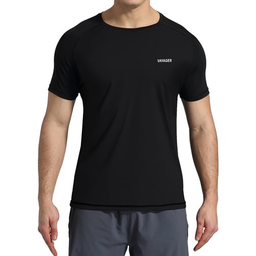 VAYAGER Men's Swim Shirts Rash Guard UPF 50+ T Shirts Quick Dry Loose Fit Water Surfing Shirt(Black-M)