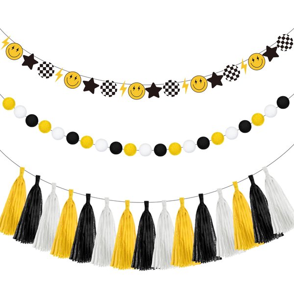 Qeeenar 53 Pcs One Happy Dude Birthday Decorations 1st Birthday Banners Lightning Smile Face Decoration Hippie First High Birthday Chair Tassel Banner for One Happy Dude Party Favors Decor Supplies