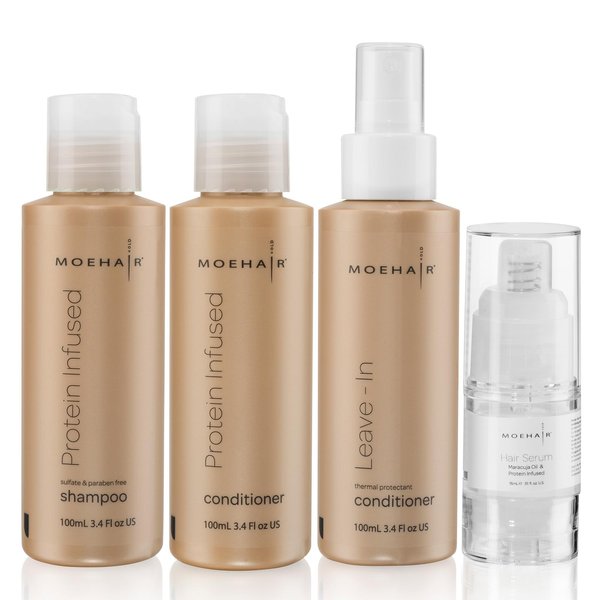 MOEHAIR Travel Kit (Protein Shampoo and Conditioner Set - 3.4 Fl Oz, Leave-In Conditioner - 3.4 Fl Oz & Hair Serum - 0.5 Fl Oz), Travel Friendly I Sulfate & Paraben Free | Suitable for All Hair Types