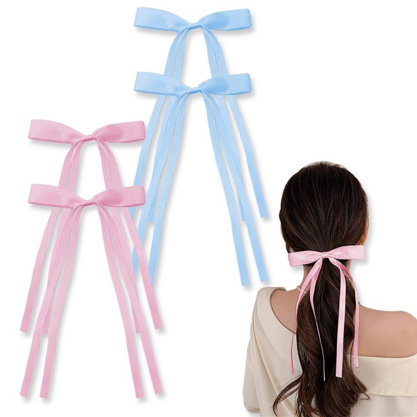 Women Bowknot Hair Clip for Girls Women 4pcs hair clips for women tassel ribbon bowknot hair Clips for Women Girls Accessories Hair Bow for Girls With Long Tail Alligator Clip Bows (pink blue)