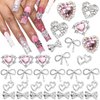 RODAKY 32PCS Bow Nail Charms 3D Silver Heart Shape Nail Art Charm with Pink Rhinestone Valentine's Day Y2K Nail Gems Shiny Nail Jewelry Acrylic Accessories for Women Nail Decorations