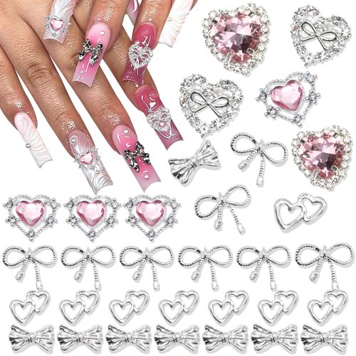RODAKY 32PCS Bow Nail Charms 3D Silver Heart Shape Nail Art Charm with Pink Rhinestone Valentine's Day Y2K Nail Gems Shiny Nail Jewelry Acrylic Accessories for Women Nail Decorations