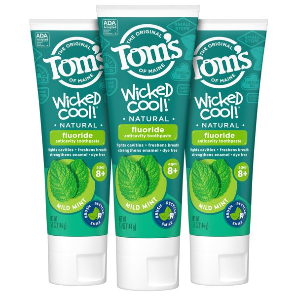 Tom's of Maine ADA Approved Wicked Cool! Fluoride Children's Toothpaste, Natural Toothpaste, Dye Free, No Artificial Preservatives, Mild Mint, 5.1 oz. 3-Pack (Packaging May Vary)