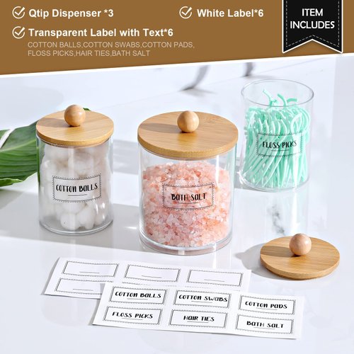 VITEVER 3 Pack Qtip Holder Dispenser with Bamboo Lids - Apothecary Jar Containers for Vanity Organizer Storage - Bathroom Accessories Set for Cotton Swab, Ball, Pads, Floss