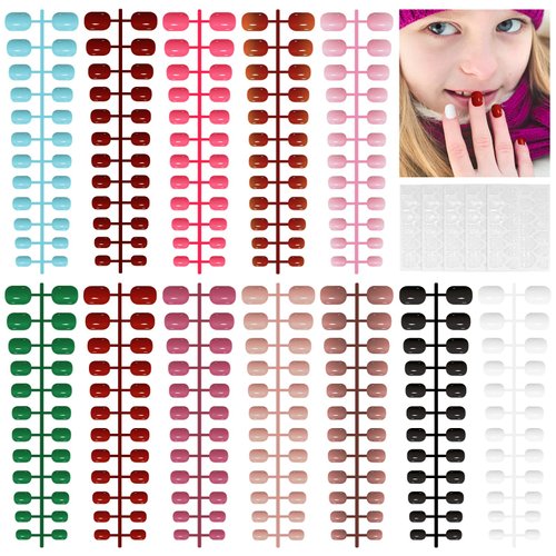 288 Pieces Kids Short Glossy Press on Nails, TOROKOM Children False Nails 12 Colors Acrylic Nails Art Tip for Kids Short Square Full Cover Fake Nails for Girls Kids