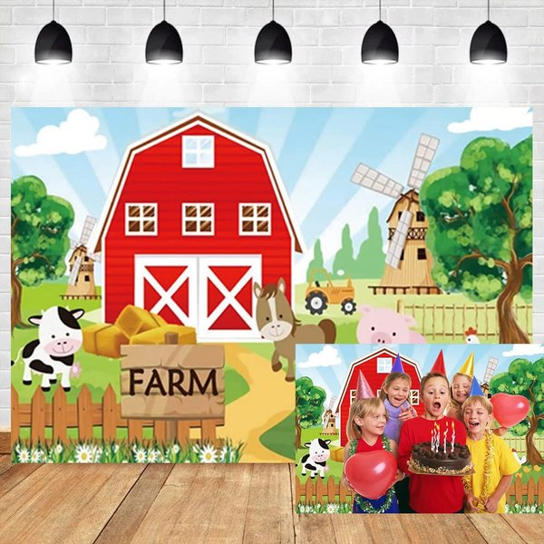 OERJU 10x6.5ft Cartoon Animal Farm Backdrop Red House Windmill Zoo Cute Pig Dairy Cow Animal Background Kids Happy Birthday Baby Shower Party Banner Decoration Children Portrait Vinyl Studio Props
