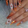 Fall Maple Leaf Press on Nails Long Coffin Fake Nails with Maple Leaves and Flowers Nail Charms Designs Glitter Autumn Acrylic Nails Glue on Nails for Women Thanksgiving Nail Decoration 24Pcs