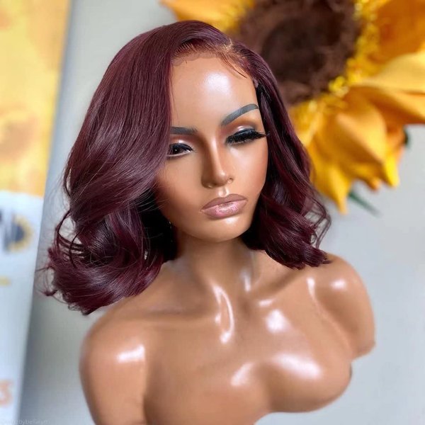 ten chopsticks #99j Burgundy Short Bob Wavy Human Hair Lace Front Wigs HD Invisible 13X6 Lace Frontal Human Hair Wigs Pre Plucked Bleached Knots Glueless Short Body Wave Wigs For Black Woman 10Inch