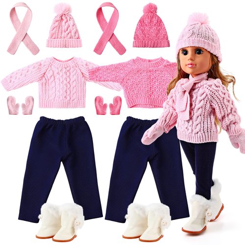 HyDren 2 Set Doll Clothes and Accessories for 18 Inch Doll Winter Doll Outfits Set Cute Smart Doll Clothes Set Include Sweater Pants Shoes Hat Gloves Scarf (Pink and Light Pink)