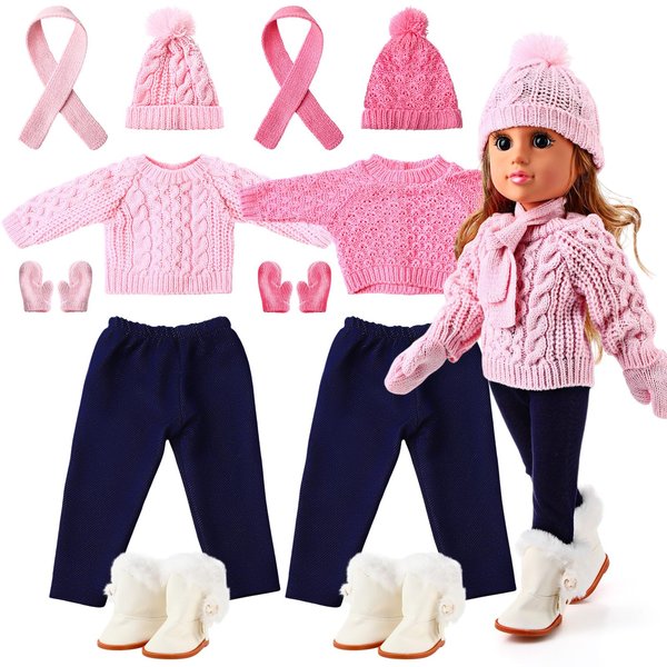 HyDren 2 Set Doll Clothes and Accessories for 18 Inch Doll Winter Doll Outfits Set Cute Smart Doll Clothes Set Include Sweater Pants Shoes Hat Gloves Scarf (Pink and Light Pink)