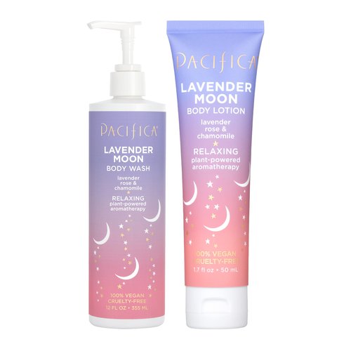 Pacifica Beauty Lavender Moon Body Wash with Pump and Body Lotion Set, Moisturizing, Hydrating, Aloe, Hyaluronic Acid, Rose, Chamomile, Relaxing, Aromatherapy, Vegan, 12 fl oz and 1.7 fl oz (Set of 2)