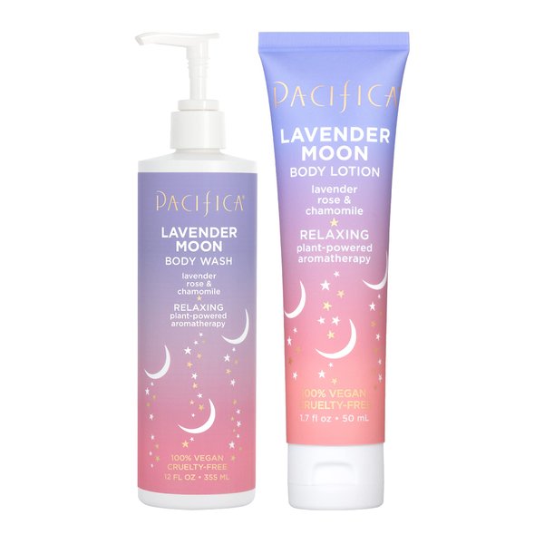 Pacifica Beauty Lavender Moon Body Wash with Pump and Body Lotion Set, Moisturizing, Hydrating, Aloe, Hyaluronic Acid, Rose, Chamomile, Relaxing, Aromatherapy, Vegan, 12 fl oz and 1.7 fl oz (Set of 2)