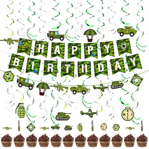 31 Pieces Camouflage Birthday Party Decorations Army Soldier Military Party Supplies Green Camo Happy Birthday Banner Camo Spiral Hanging Swirls Cupcake Toppers