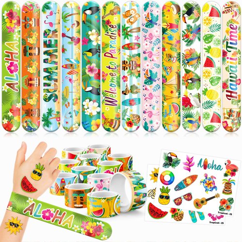 Cherisnowy 48 PCS Tropical Party Favors 24PCS Tattoos Stickers 24PCS Slap Bracelets Wristbands Perfect for Themed Birthday Baby Showers or Classroom Rewards Ideal Decor and Gifts for Girls and Boys