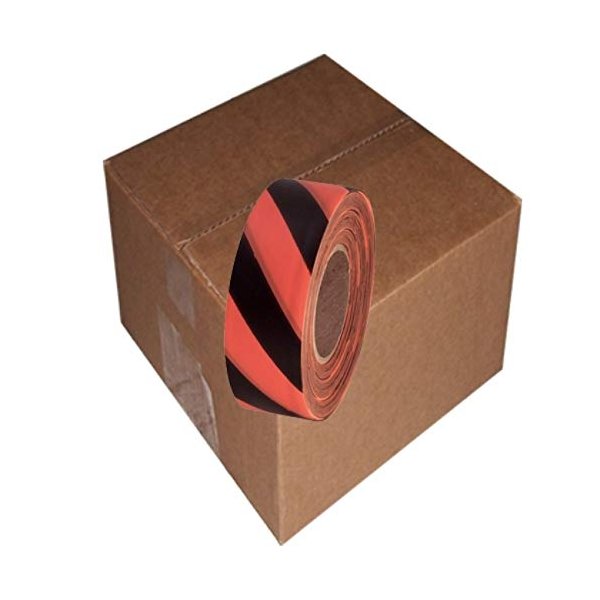 Safety Striped Flagging Tape 1-3/16" Non-Adhesive Plastic Ribbon, Orange/Black (Pack of 12)