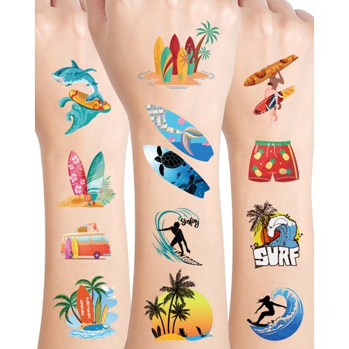 YanZonic 171Pcs Surf Surfboard Temporary Tattoos Stickers, Surf Party Favors for Surf Party Decorations, Surfboard Party Favors for Surfs Up Party Decorations, 18 Sheets