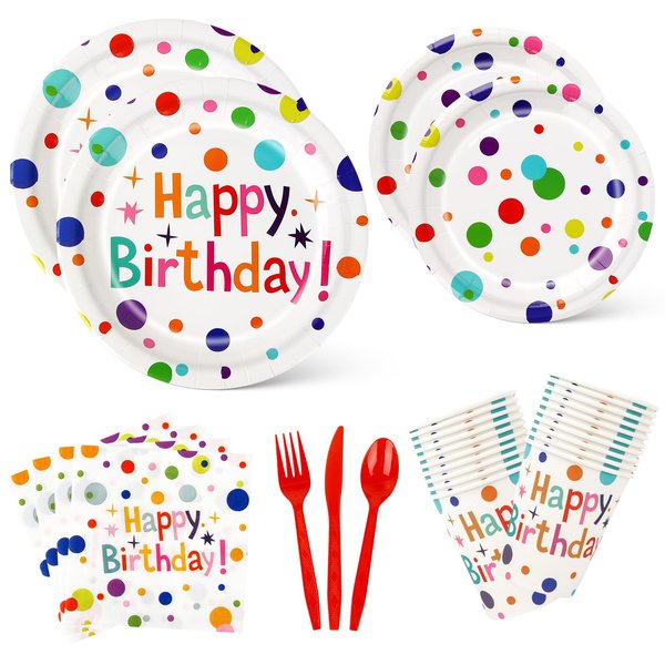 Happy Birthday Party Supplies Set, Happy Birthday Polka Dots Decorations Plates, Disposable Paper Plates Napkins Cups Tableware for Birthday Party Decorations, Serve 24