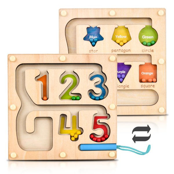 Magnetic Maze Board - Montessori Wooden Puzzles Educational Shape Sorter for Toddlers, Color & Number Matching Game - Motor Skills Magnet Toys Kids 3-5 Years Old Boys Girls Preschool (Double Maze, M)