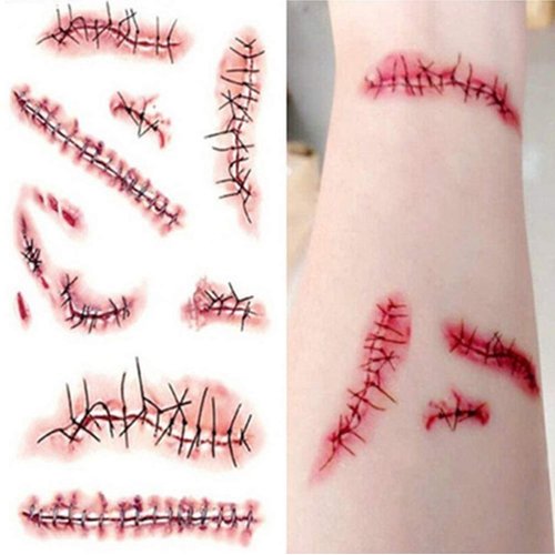 10 Sheets Halloween Temporary Tattoos, Realistic Temporary Tattoos Stickers, Scars Tattoos for Zombie Costume, Halloween Parties, Party Favor, Party Supplies