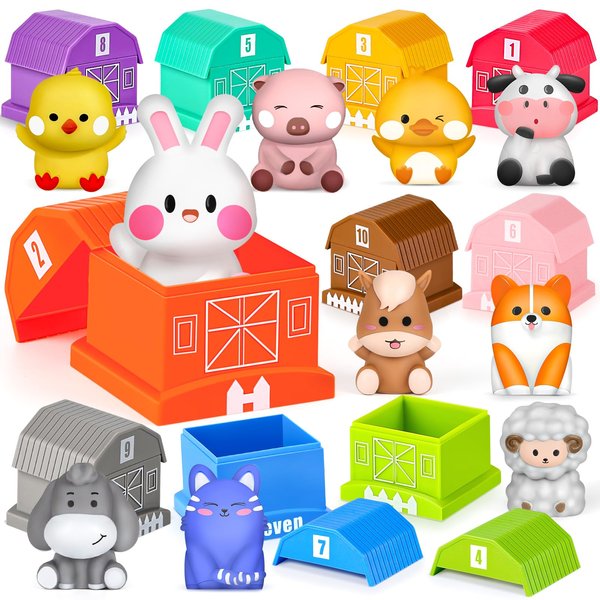 Dreamon Learning Toys for Toddlers 1 2 3 Years Old, 20 Pcs Farm Animal Finger Puppets, Color Matching & Counting Numbers Montessori Toys, Learning Gifts for Baby Girls Boys