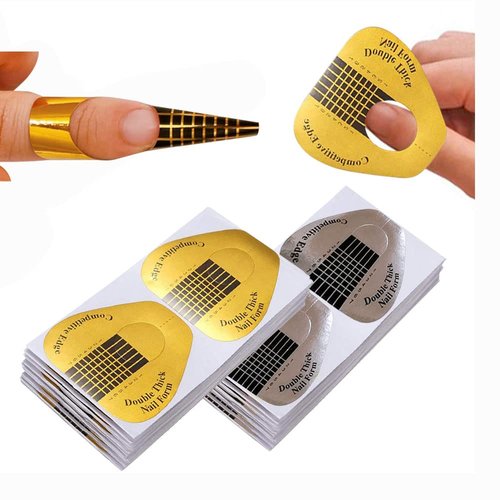VNC 200Pcs Long Nail Forms Extension Set 100 Pcs Gold + 100 Pcs Silver Nail form guide stickers Thick Nail Art Tips Extension Forms Durable Acrylic Nail Paper Forms Numbers Marked Nail Former Stickers