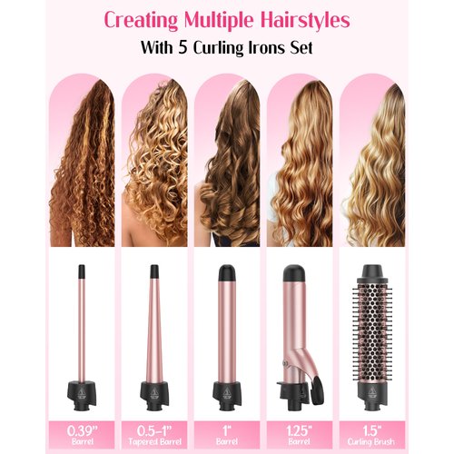 ANIEKIN 5-in-1 Curling Iron Set: Includes a Curling Brush and 4 Interchangeable Ceramic Wands (0.39”-1.25”), Instant Heat, Dual Voltage Hair Curler, Great Gift for Girls and Mother