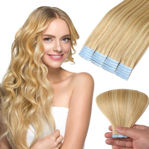 Mifes Tape in Hair Extensions Human Hair #P27/613 Balayage Color 20pcs/40g 16 Inch Honey Blonde to Bleach Blonde Highlight Straight Skin Weft Remy Invisible Tape in Human Hair Extensions for Women