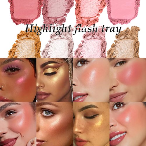 Wugbc 8 Colors Blush Palette Makeup, Face Highlighters Contouring Powder, Shimmer Bronzer Rubores De Maquillaje for Cheeks, Mineral Blushes Highlighting Shades Waterproof Illuminator Women Cosmetics