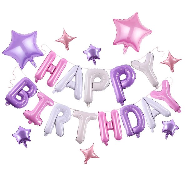 Birthday Banner, 3D Mylar Foil Happy Birthday Balloons, 26pcs Birthday Party Decorations with 8pcs Star Balloons for Kids Girls Women Adults Ecofriendly Party Supplies, Pantone
