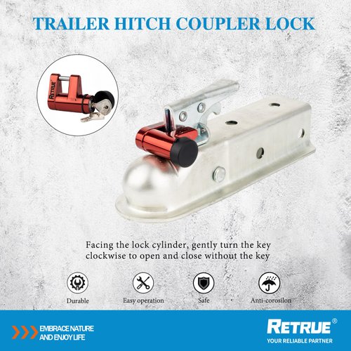RETRUE Trailer Coupler Tongue Lock with Rubber Cap, Aluminum Alloy Trailer Hitch Lock,Dia 1/4 Inch, 7/10 Inch Span for Tow Boat RV Truck Car's Coupler Easy Lock, Red