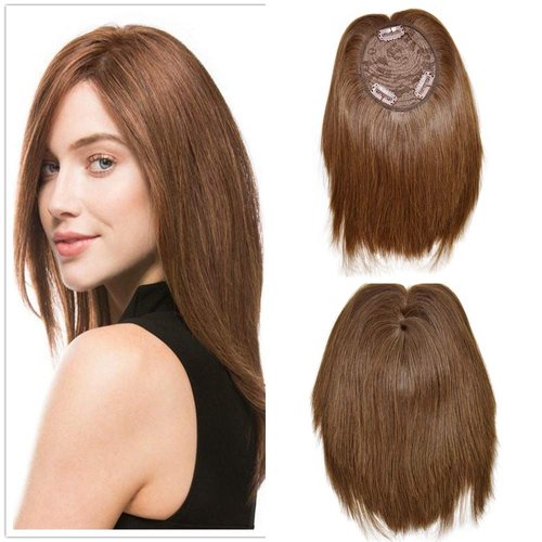 LYRICAL HAIR 100% Real Human Hair Clip In Bangs Top Piece Hair Extensions 13" Straight Hair Topper Hairpiece for Women (4# Medium Brown)