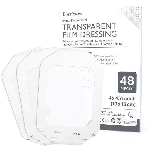 LotFancy Transparent Film Dressing, 4"x4 3/4”, 48PCS, Adhesive Wound Cover Bandage Tape, Waterproof Wound Seal for Swimming, Post Surgical, Scar Therapy, Medical Supplies, Tattoo Dressings