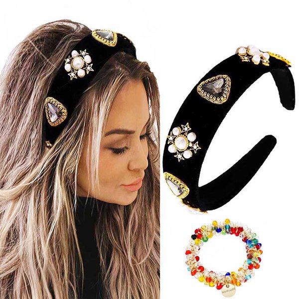 Sinalty Baroque Wide Headbands Black Velvet Crystal Hairband Vintage Hair Band Custome Hair Accessories for Women