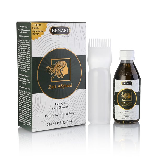 Hemani Zait Afghani Hair Oil 250mL (8.45 FL OZ) for Natural Hair Growth Support - Made with Cedar, Lavender, Castor Oil - Comb Applicator included