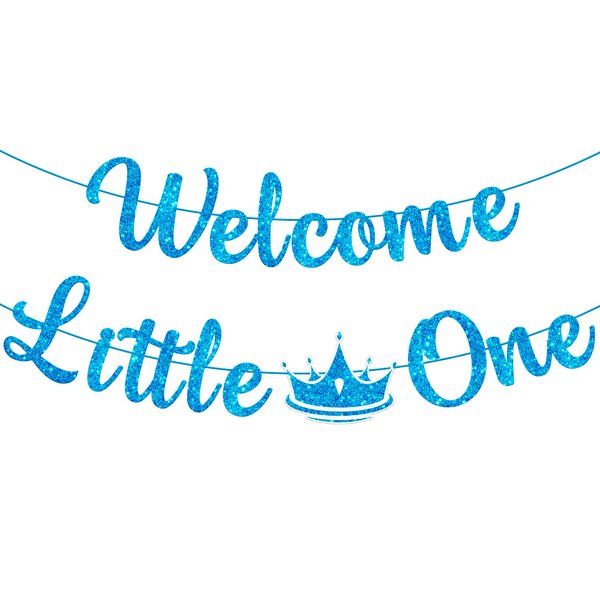 KatchOn, Glitter Welcome Little One Banner Blue - 10 Feet, No DIY | Welcome Home Baby Boy Banner for Welcome Baby Decorations | Blue Welcome Baby Banner for Gender Neutral Baby Shower Decorations