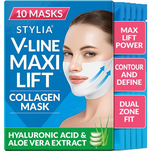 Stylia MaxiLift V-Line Lifting Collagen Face Mask - Advanced Double Chin Reducer - Jawline Shaper - Neck Firming and Tightening Mask with Hyaluronic Acid & Aloe Vera - Chin Strap for Sleeping - 10PC