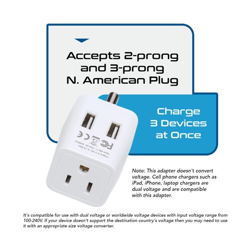 Ceptics India, Nepal, Bangladesh Travel Adapter Plug with Dual USB - Type D - Usa Input - Ultra Compact - Safe Grounded Perfect for Cell Phones, Laptops, Camera (CTU-10)