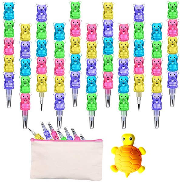 Odowalker 32pcs Stackable Pencils Plastic Bear Pencils Kids 5 in 1 Stacking Colored Pencils with Turtle Erasers and DIY Blank Bag For Kids Children Birthday Party Supplies School Fun Equipment