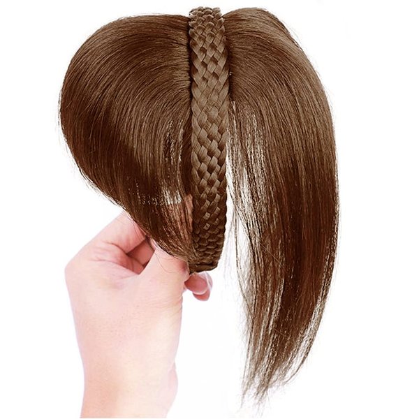 ICRAB 10" Women Human Hair Braided Headband Hairpiece Natural Looking Hairband Braids Human Hair Topper with Bangs Twist Braid Clip in Human Hair Extension Light Brown